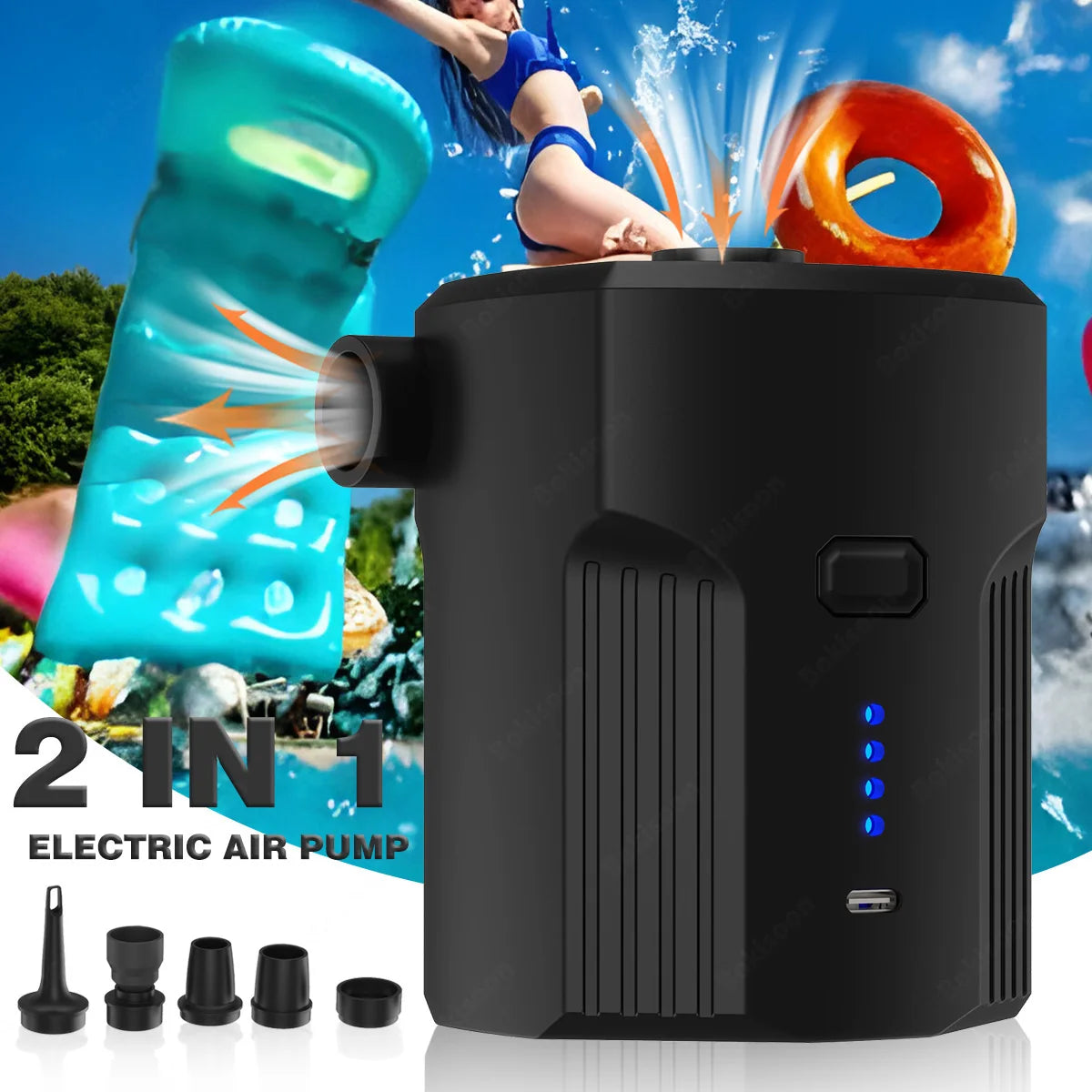 Tragbare elektrische Pumpe 5 Aufsätze – vielseitig einsetzbar für Camping & Pool