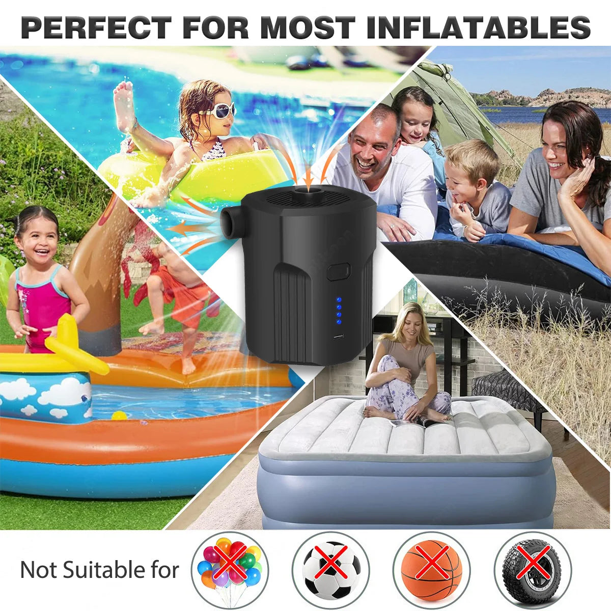 Tragbare elektrische Pumpe 5 Aufsätze – vielseitig einsetzbar für Camping & Pool