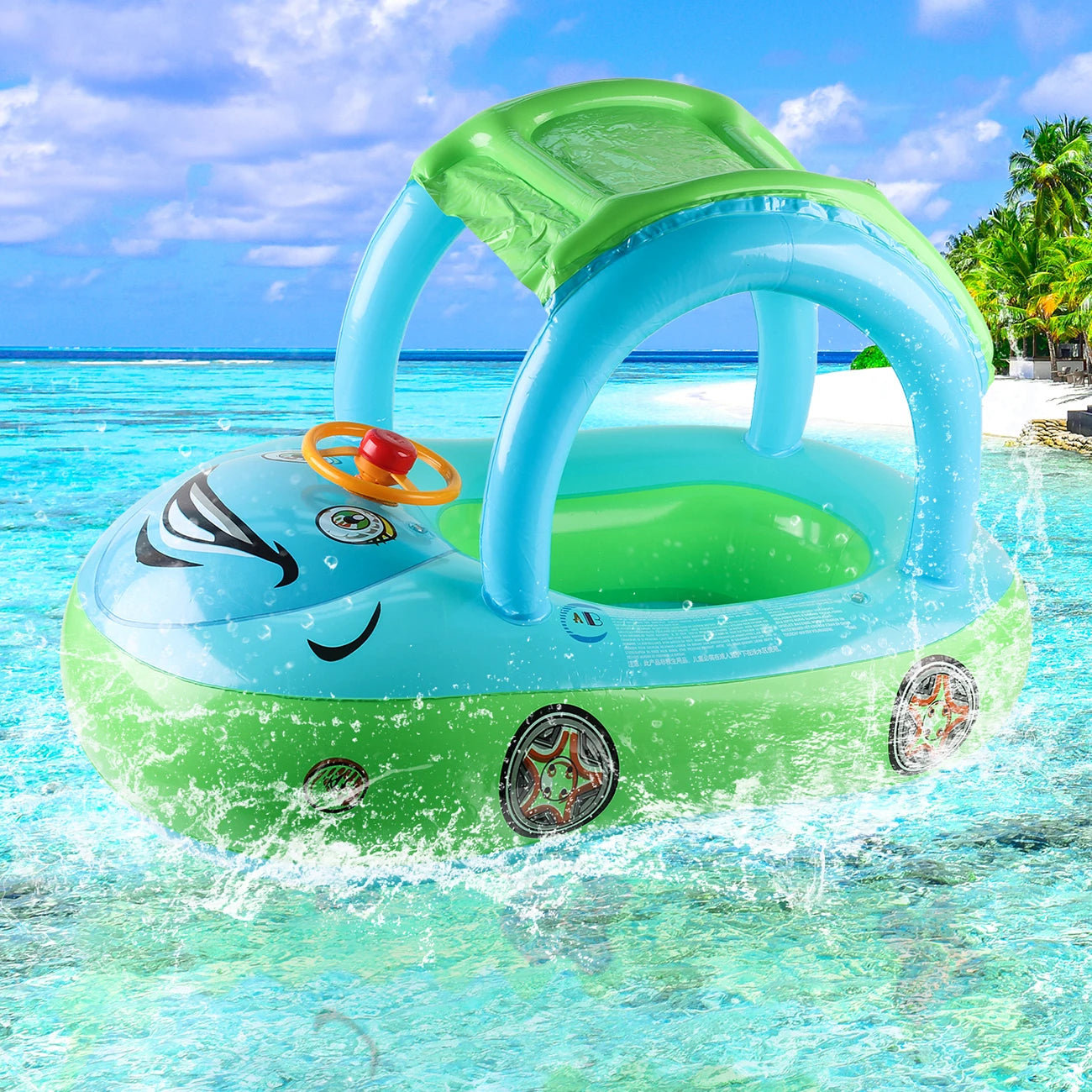 Aufblasbarer Baby-Autoschwimmring mit Sonnenschutz.